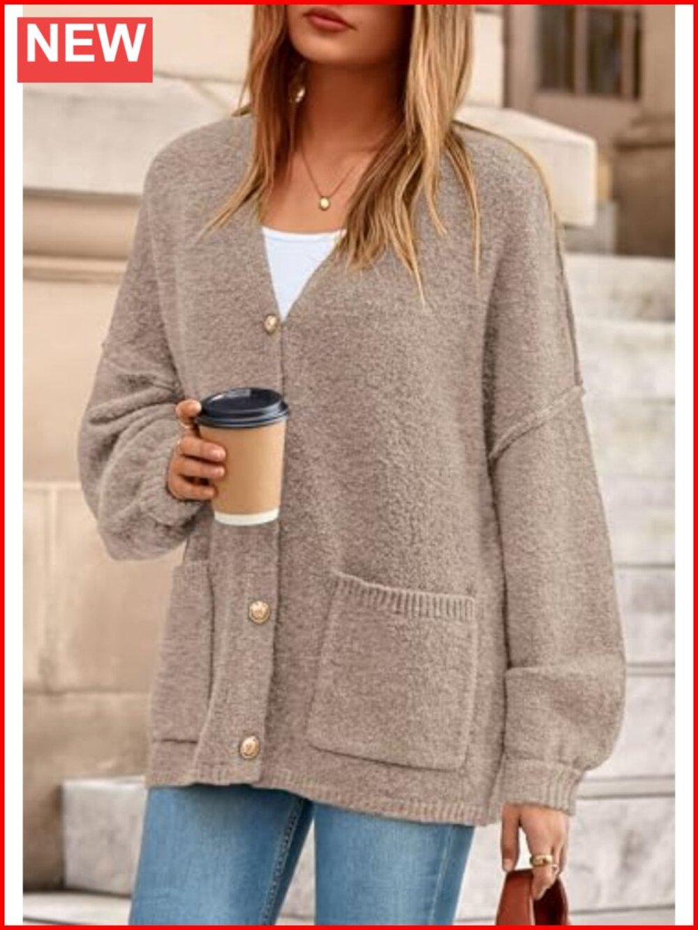 Oversized Chunky Cardigan Sweater Button Down V Neck Lantern Sleeve - Picture 4 of 6